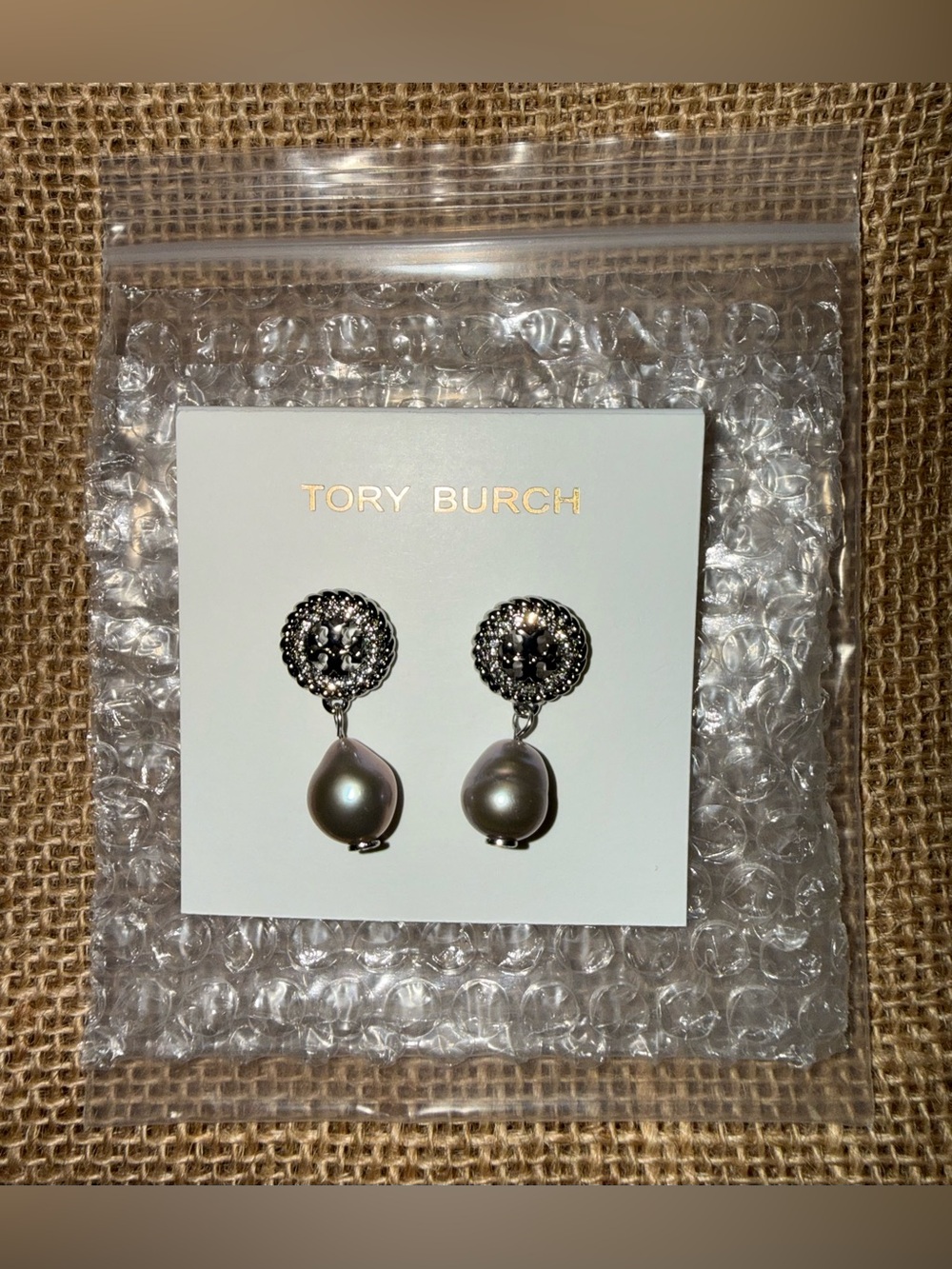 NWT TORY BURCH Gunmetal Crystal & Grey Pearl Drop Earrings.